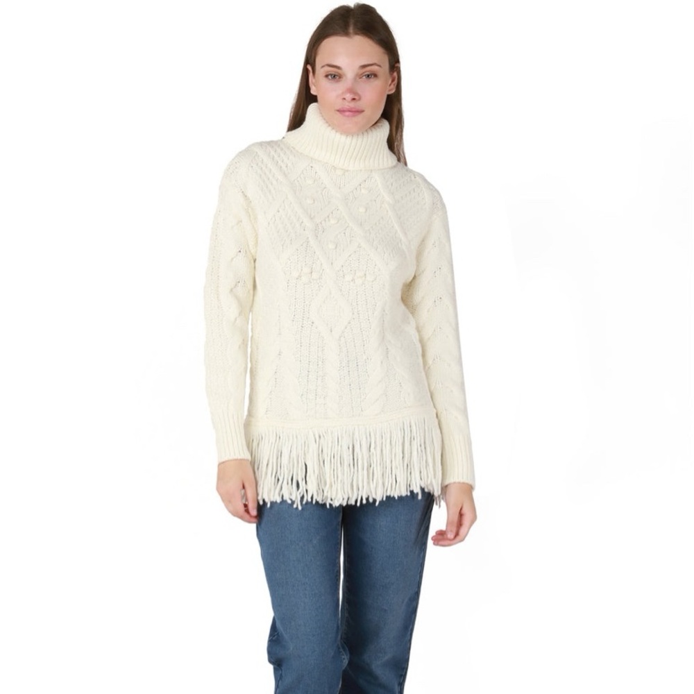 Room 34 Cream Turtleneck Sweater with Fringe